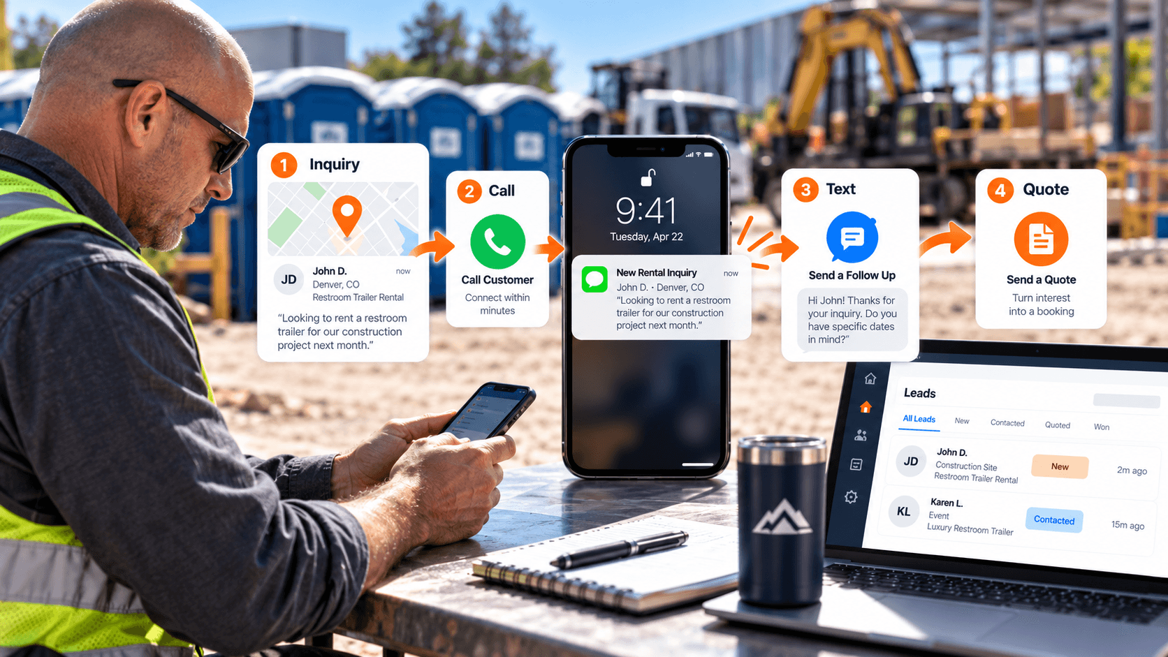 Rental company speed-to-lead workflow from inquiry to call, text, and quote